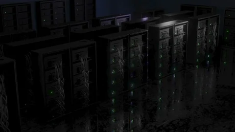 Dark room with servers blinking and cables, Crane shot CGI render Stock Footage 125028228