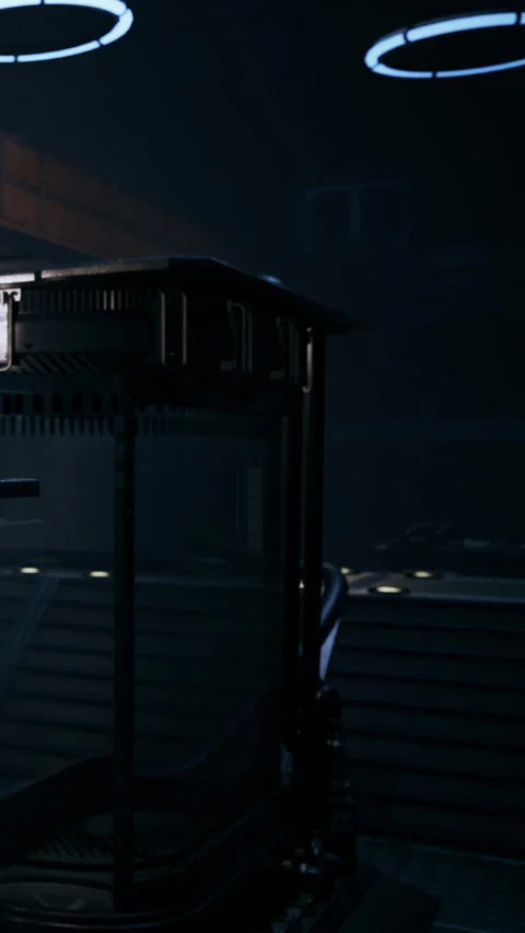 Dark room with a structure and dim blue lights in a futuristic setting Stock Footage 334182597