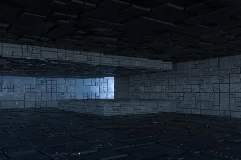 Dark ruins with circuit texture wall, sci-fi architecture background, 3d rend Stock Illustration