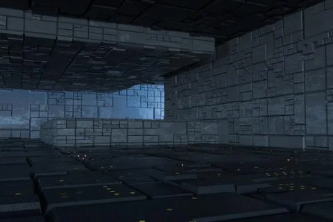 Dark ruins with circuit texture wall, sci-fi architecture background, 3d rend Stock Illustration