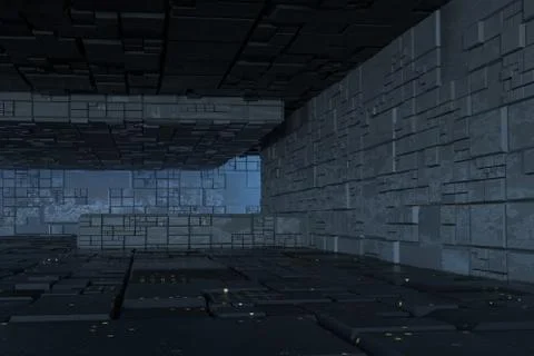 Dark ruins with circuit texture wall, sci-fi architecture background, 3d rend Stock Illustration