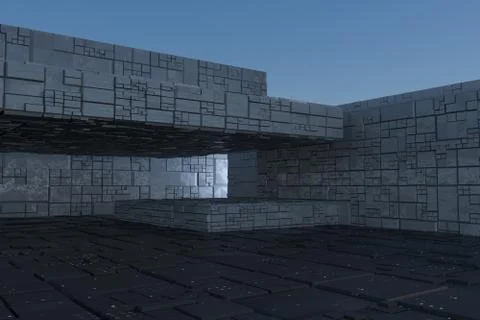Dark ruins with circuit texture wall, sci-fi architecture background, 3d rend Stock Illustration