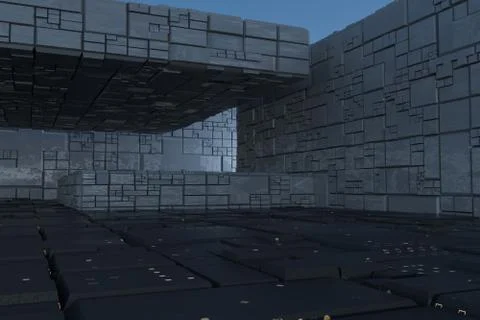 Dark ruins with circuit texture wall, sci-fi architecture background, 3d rend Stock Illustration