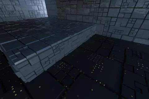 Dark ruins with circuit texture wall, sci-fi architecture background, 3d rend Stock Illustration