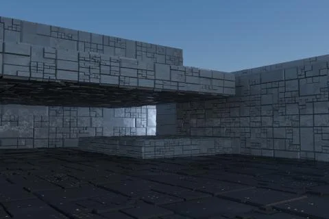 Dark ruins with circuit texture wall, sci-fi architecture background, 3d rend Stock Illustration