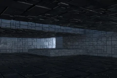 Dark ruins with circuit texture wall, sci-fi architecture background, 3d rend Stock Illustration