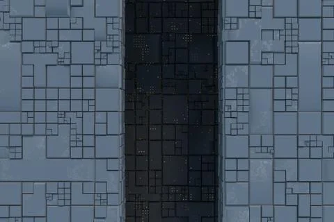 Dark ruins with circuit texture wall, sci-fi architecture background, 3d rend Stock Illustration