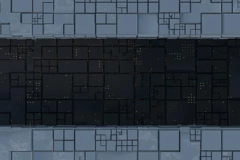 Dark ruins with circuit texture wall, sci-fi architecture background, 3d rend Stock Illustration