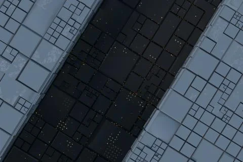 Dark ruins with circuit texture wall, sci-fi architecture background, 3d rend Stock Illustration