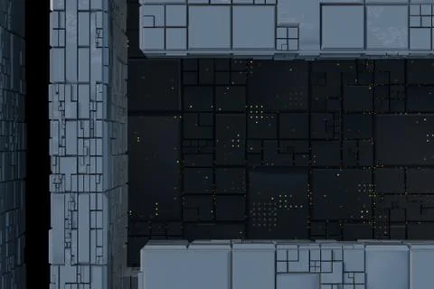Dark ruins with circuit texture wall, sci-fi architecture background, 3d rend Stock Illustration