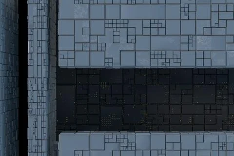 Dark ruins with circuit texture wall, sci-fi architecture background, 3d rend Stock Illustration