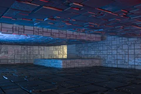 Dark ruins with circuit texture wall, sci-fi architecture background, 3d rend Stock Illustration