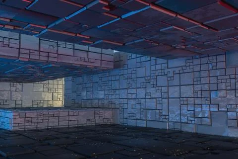Dark ruins with circuit texture wall, sci-fi architecture background, 3d rend Stock Illustration