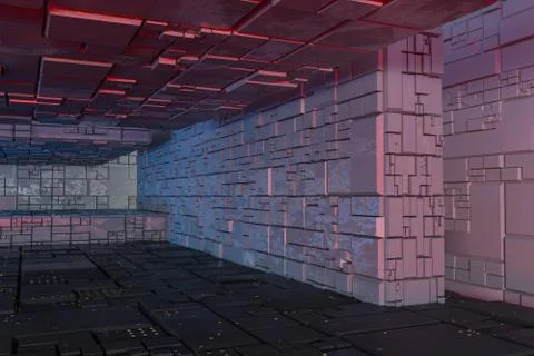 Dark ruins with circuit texture wall, sci-fi architecture background, 3d rend Stock Illustration