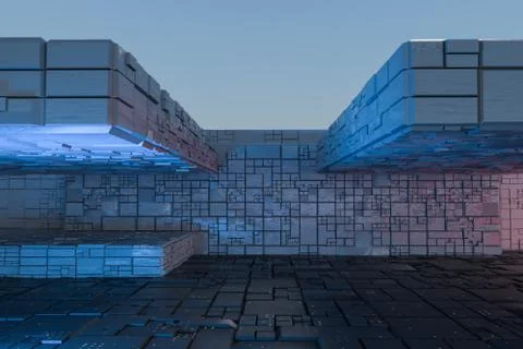 Dark ruins with circuit texture wall, sci-fi architecture background, 3d rend Stock Illustration