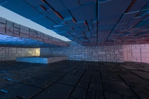 Dark ruins with circuit texture wall, sci-fi architecture background, 3d rend Stock Illustration