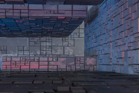 Dark ruins with circuit texture wall, sci-fi architecture background, 3d rend Stock Illustration