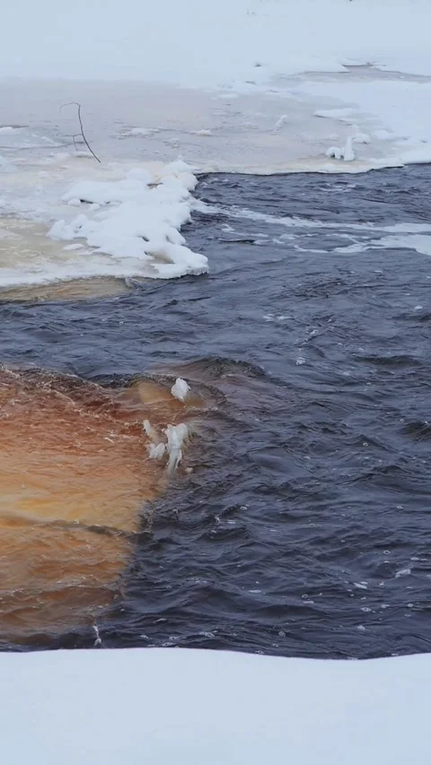 Dark Rushing River Water Contrasting with Orange-Tinted Ice - Aesthetic Nature B Stock Footage 326214531
