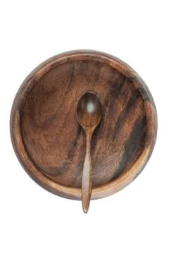 Dark rustic empty brown wooden dish with wood spoon isolated on white backgro Stock Photos
