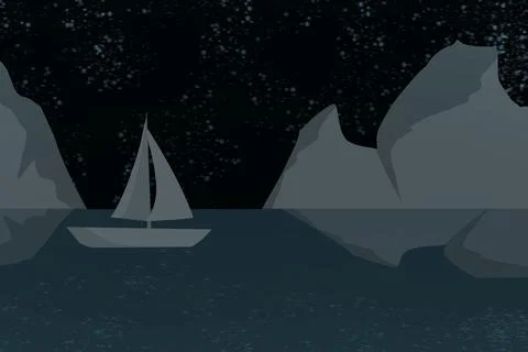 Dark Sailboat Between Mountains At Night Illustration Stock Illustration