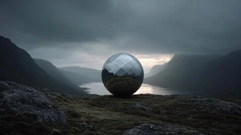 Dark Scandinavian sky under low exposure. A large geometric mirror sphere Video stock 314649774