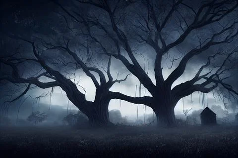 Dark Scary Forest with two Big trees, Halloween Stock Illustration