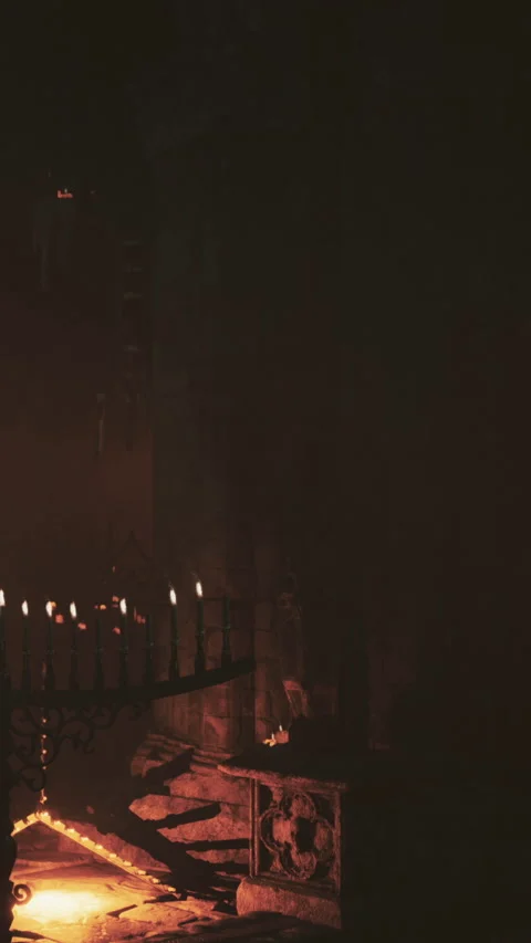 Dark scene with fire and light in a mysterious setting Stock Footage 337960149