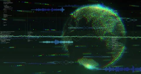Dark scene starting data line forming globe, waveforms pulsing, code scrolling Stock Footage 315612973