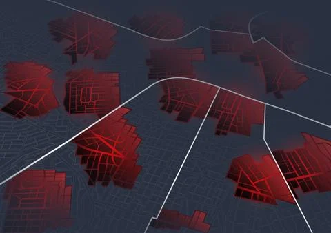 Dark schematic city plan with glowing red danger zones or coverage areas Stock Illustration