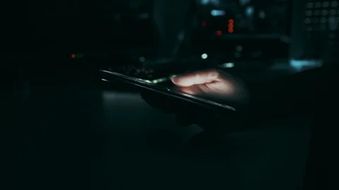 Dark Sci Fi Futuristic Room Hand Scrolling On Big Screen Phone Stock-Footage 122691010