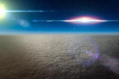 Dark sci-fi image: UFO or fluing saucer flies over surface of planet Earth co Stock Photos