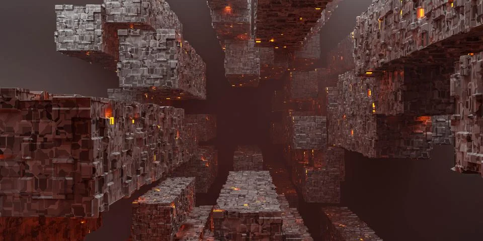 Dark sci-fi space ship station objects in dark fog space with glowing orange Illustrazione stock