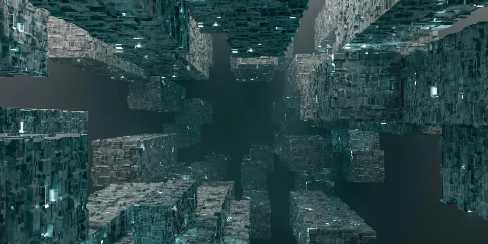 Dark sci-fi space ship station objects in dark fog space with glowing blue Stock Illustration