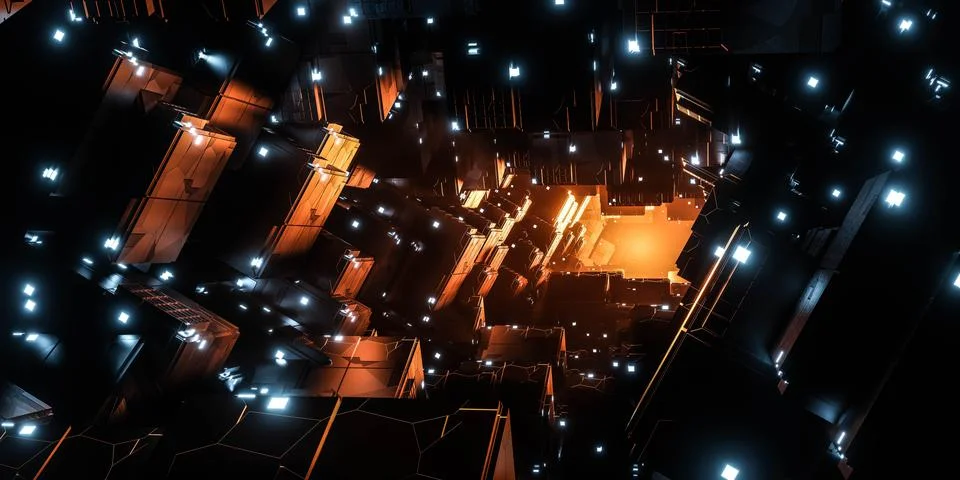 Dark sci-fi space tunnel with glowing light 3d render illustration Stock Illustration
