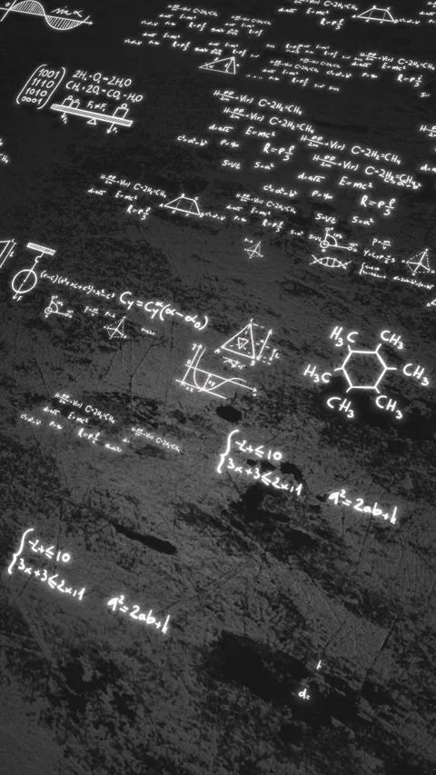 Dark science formula board glowing handwritten equations, binary notes, physics Stock Footage 340556147