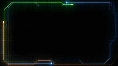 Dark screen border with luminous circuit corners, points, and grid texture sci t Stock Footage 340577775