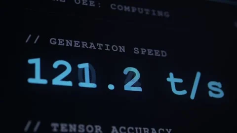 A dark screen displaying AI generation speed metrics in tokens per second. Video stock 336968530