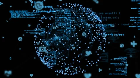 Dark screen opening node-globe materializing sliding code and icons emerging Stock Footage 317608309