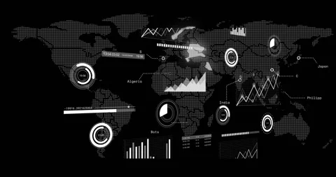 Dark screen revealing dotted map, global dashboard pulsing gauges and graphs Video stock 313640122