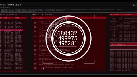 Dark screen switching to red terminal, central HUD rotating and updating numbers Stock Footage 329788098