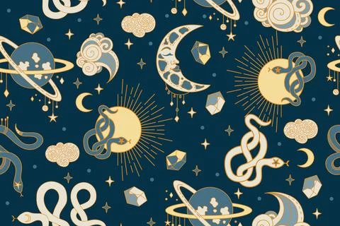 Dark seamless celestial esoteric pattern vector wallpaper Stock Illustration