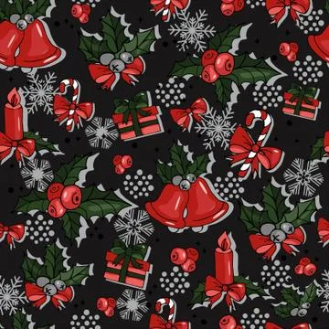 Dark seamless christmas holiday  pattern with snowflakes, bells and leaves Stock Illustration