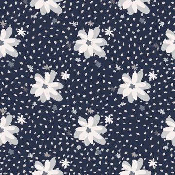 Dark seamless doodle pattern with chamomile flowers on navy blue background.  Stock Illustration