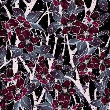 Dark seamless floral pattern. Abstract flowers and leaves Stock Photos