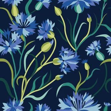 Dark Seamless Floral Pattern with Blue Cornflowers Illustrazione stock