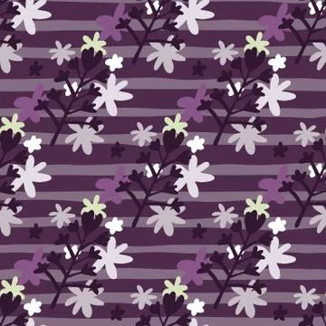Dark seamless floral pattern with daisy flowers ornament. Purple background w Stock Illustration