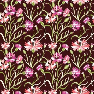 Dark Seamless Floral Pattern with Pink Cornflowers Stock Illustration