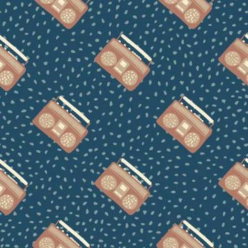 Dark seamless music pattern with tape recorder silhouettes. Beige ornament on Stock Illustration