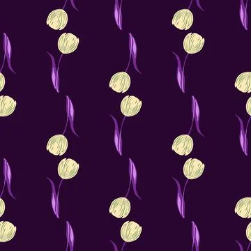 Dark seamless nature pattern with doodle tulip flower elements. Purple backgr Stock Illustration