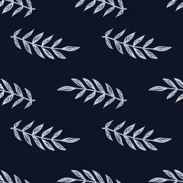 Dark seamless nature pattern with vintage blue outline leaf branches silhouet Illustrazione stock